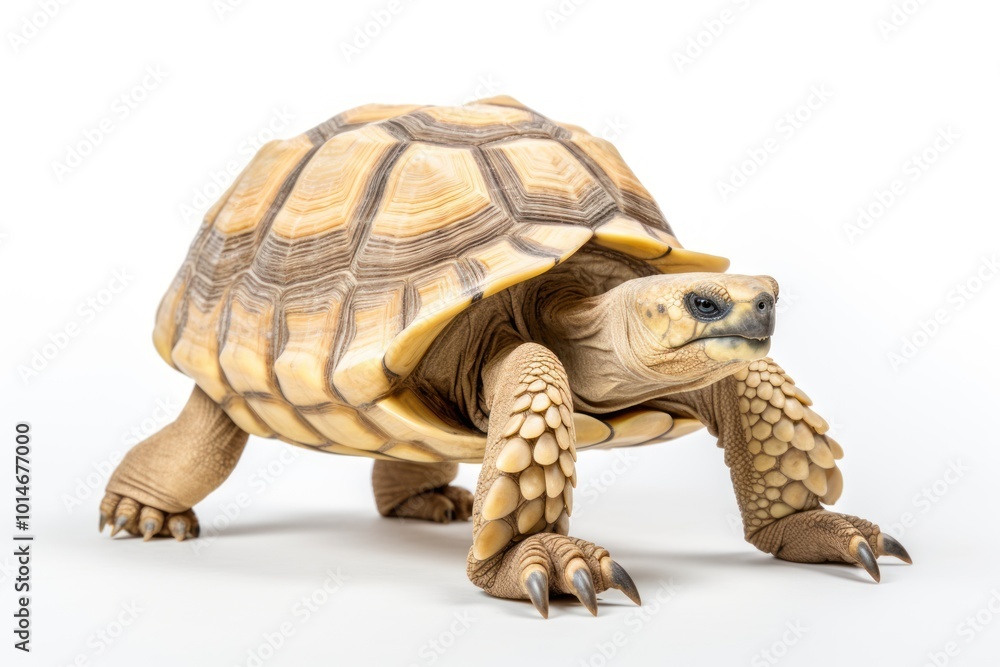 Obraz premium Sulcata tortoise walking on a white background. Show cute expressions slowly