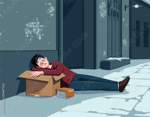 Man Sleeping on Cardboard Box in Alleyway 
