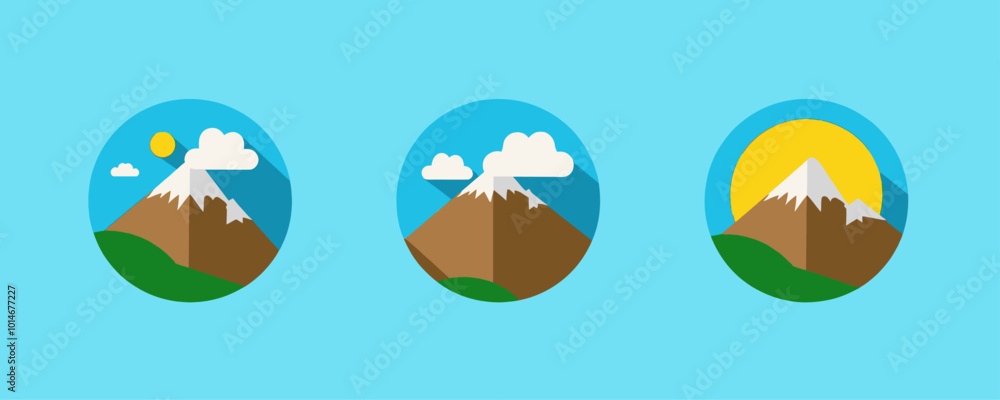Mountain Icon Set with Sun and Clouds Mountain Icon Set with Sun and Clouds