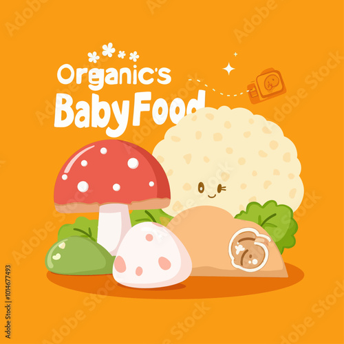 Organic Baby Food Illustration with Mushroom and Cauliflower