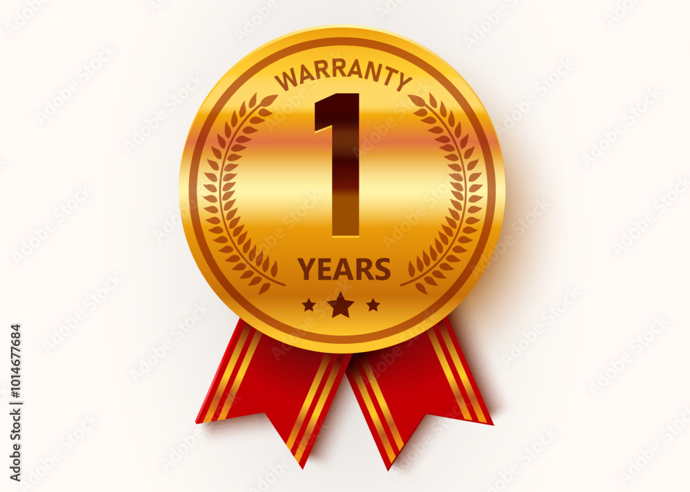 1 Year Warranty. Warranty Sign. Golden medal with ribbons. 1 Year Warranty. Warranty Sign. Golden medal with ribbons.