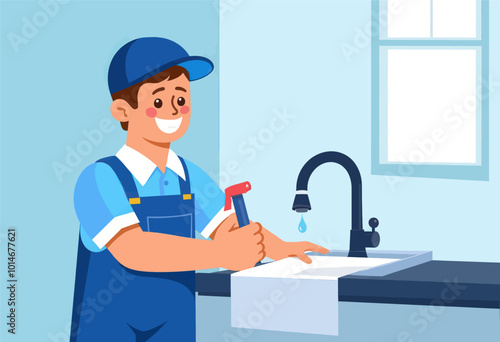 Plumber Fixing Leaky Faucet  
