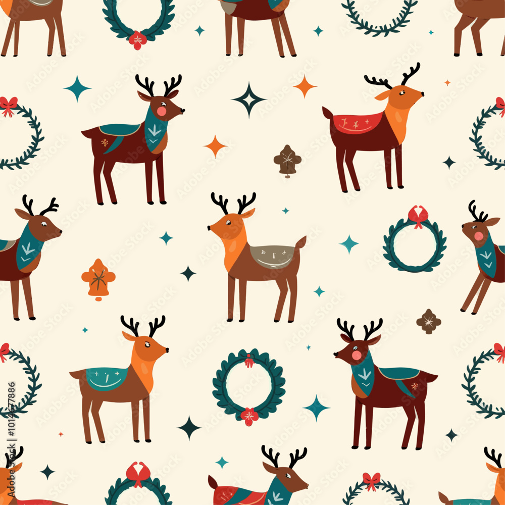 Obraz premium Reindeer and Wreath Seamless Pattern 