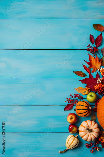 halloween background with pumpkins on blue wooedn background with copy-space, autumn leaves, fall photo