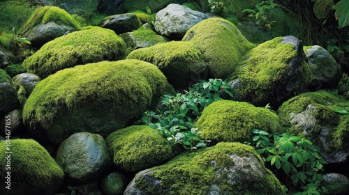 Rocks covered in vibrant green moss, contrasting against the grey stone in a forest setting