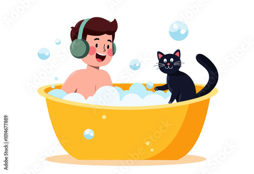 Relaxing Bath with Black Cat and Headphones