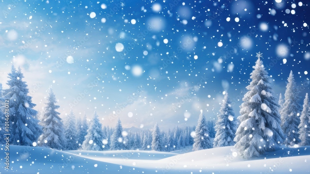 Fototapeta premium A serene winter landscape with snow-covered trees and falling snowflakes under a blue sky.