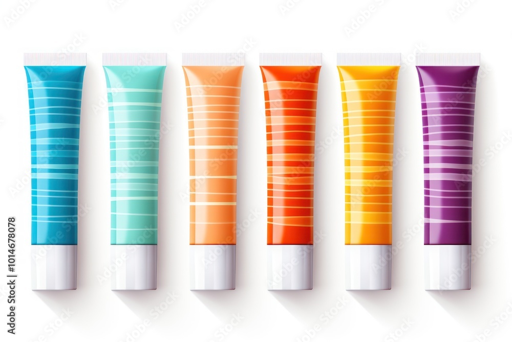 Fototapeta premium Sunscreen tubes without logo, colorful lines on a white background
