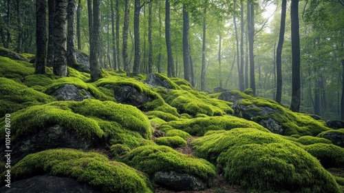 Rocks covered in vibrant green moss, contrasting against the grey stone in a forest setting