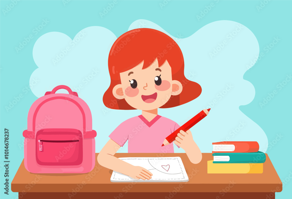 Smiling girl drawing heart on paper at desk with backpack and books Smiling girl drawing heart on paper at desk with backpack and books
