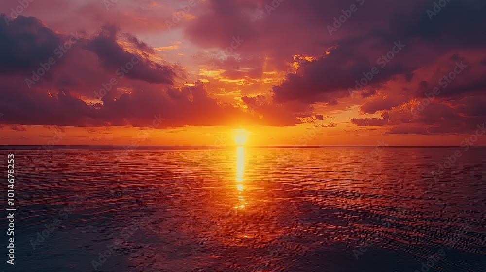 Sunset over calm ocean, sky ablaze with vibrant oranges and purples Sunset over calm ocean, sky ablaze with vibrant oranges and purples