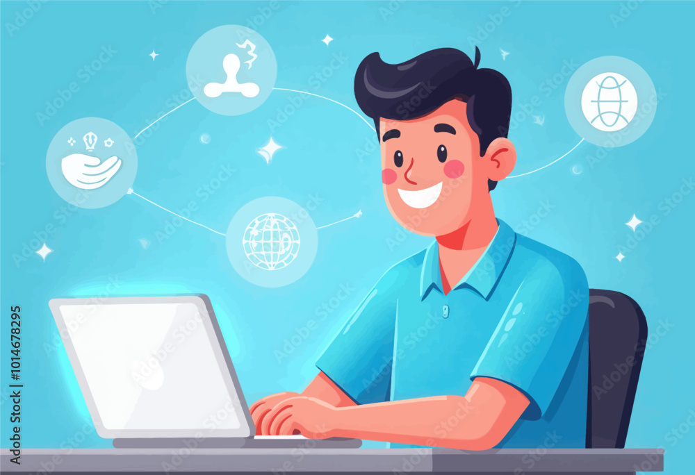 Smiling Man Working on Laptop with Icons
Smiling Man Working on Laptop with Icons