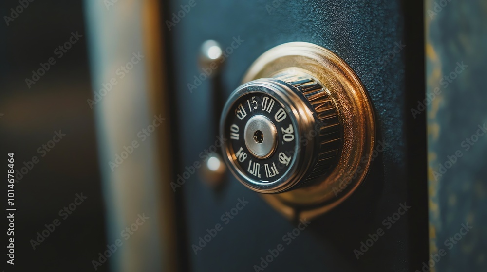 A close up of a combination lock on a safe door. A close up of a combination lock on a safe door.