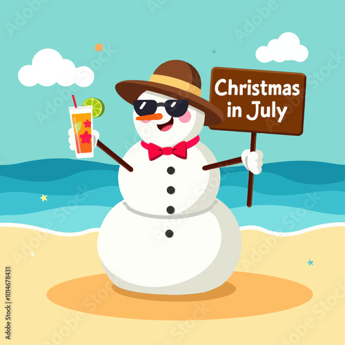 Snowman on Beach with Cocktail  
