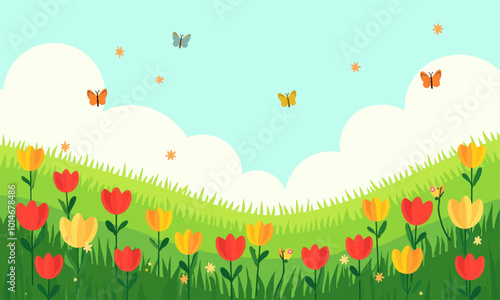 Springtime Meadow with Flowers and Butterflies 
