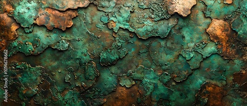 Close-up of a textured metal surface with a deep green and copper patina. The intricate details create a unique and artistic backdrop. photo