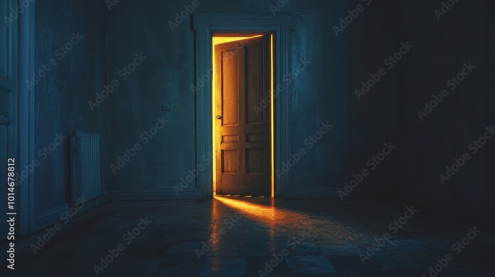 Mysterious door illuminated in dark room Mysterious door illuminated in dark room