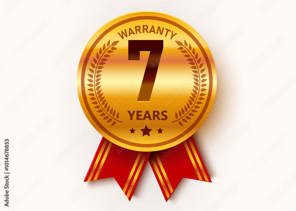 7 Years Warranty. Warranty Sign. Golden medal with ribbons. 7 Years Warranty. Warranty Sign. Golden medal with ribbons.