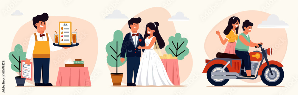 Waiter, Wedding Couple, Motorcycle Ride
Waiter, Wedding Couple, Motorcycle Ride
