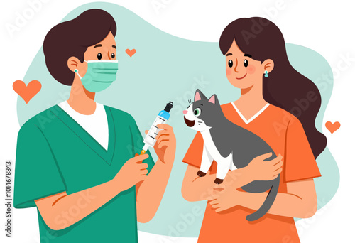 Vet giving cat injection with owner present 
