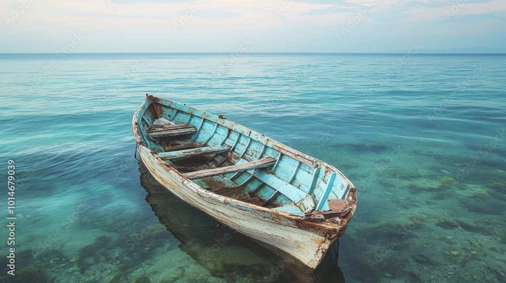 Fototapeta premium Old boat floating in clear turquoise water