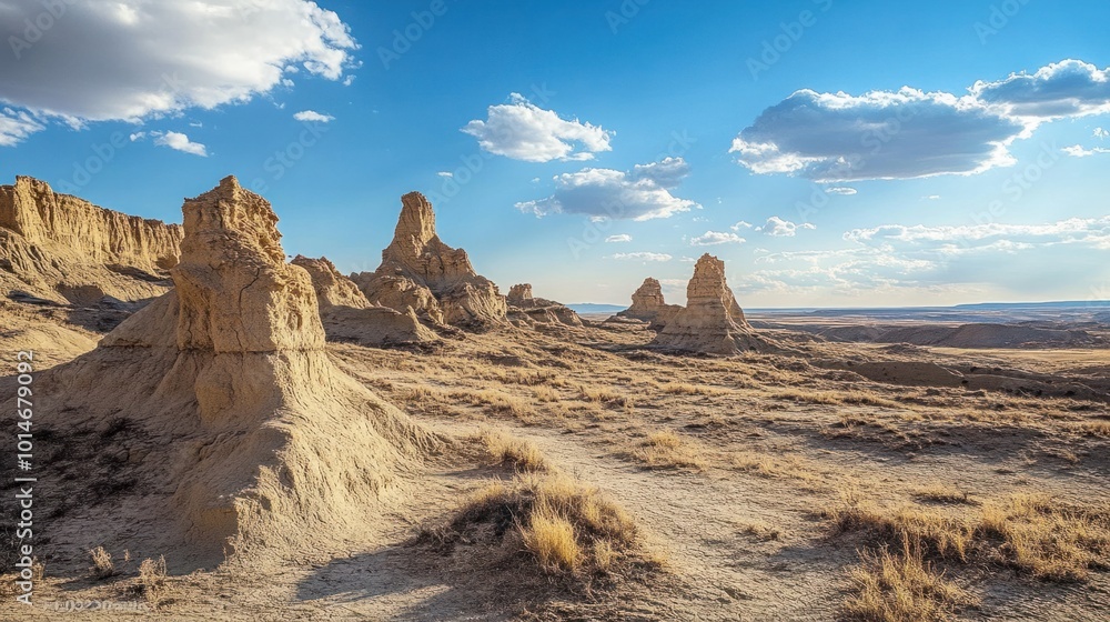 Naklejka premium Rocky desert landscape with scattered sandstone formations and a wide, open horizon