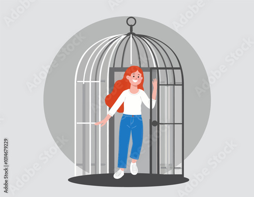 Woman Leaving Cage Illustration 
