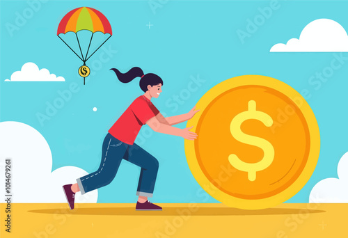 Woman pushing a giant coin with a parachute above her head.