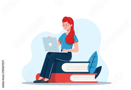 Woman Studying on Books with Laptop 
