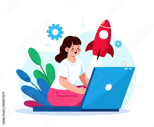 Woman using laptop with rocket illustration 
