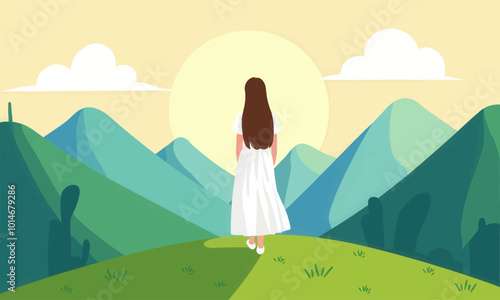 Woman Standing on Hilltop Facing Mountains 
