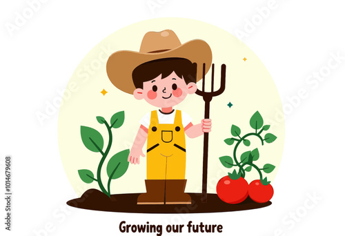 Young Farmer Holding a Pitchfork in a Garden 
