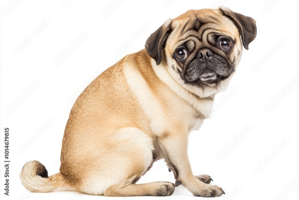charming pug sits calmly, showcasing its adorable wrinkled face and distinctive curled tail against a clean, white backdrop. Its playful nature shines through. charming pug sits calmly, showcasing its adorable wrinkled face and distinctive curled tail against a clean, white backdrop. Its playful nature shines through.
