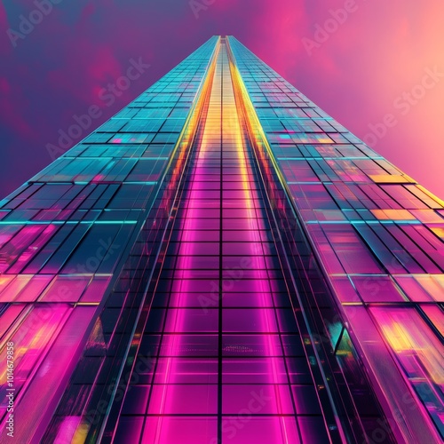 Synthwave skyscraper with an abstract background, featuring bold, vibrant colors and geometric shapes.