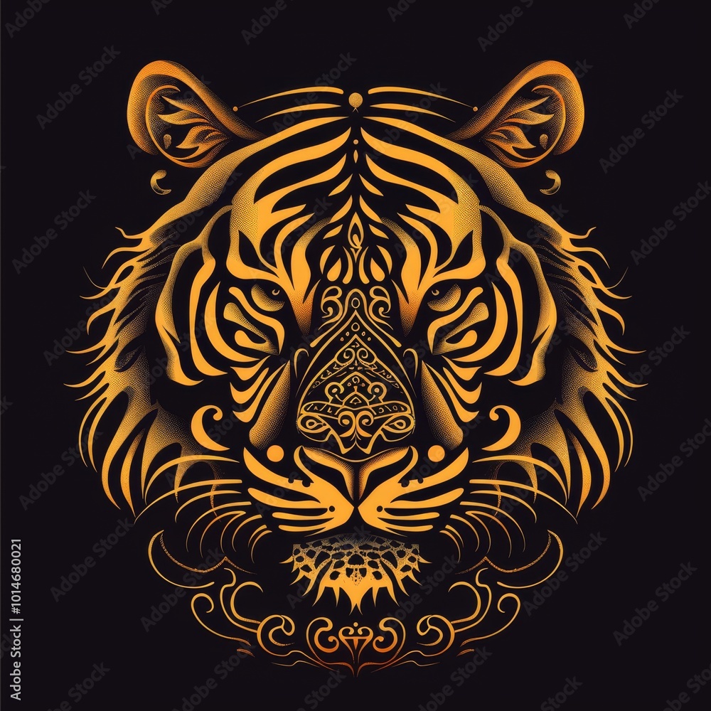 Detailed golden tiger illustration featuring ornate patterns, set against a black background. Perfect for artistic and wildlife-themed projects. Detailed golden tiger illustration featuring ornate patterns, set against a black background. Perfect for artistic and wildlife-themed projects.