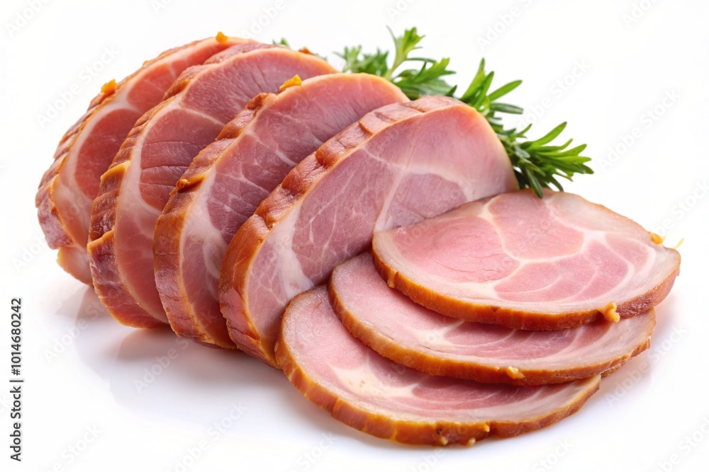 A piece of ham is sliced and displayed on a white background A piece of ham is sliced and displayed on a white background