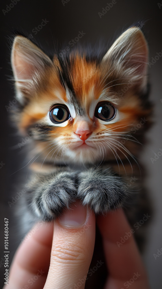 Colorful kitten with someone's fingertip standing on it. Very realistic macro shot. Bright colors. Natural light. Colorful kitten with someone's fingertip standing on it. Very realistic macro shot. Bright colors. Natural light.