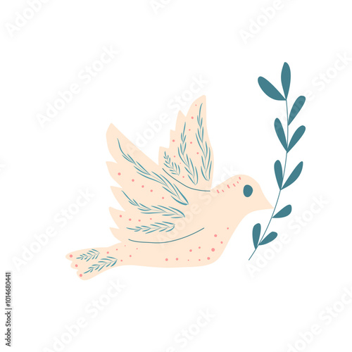 Dove of peace with tree branch isolated on white background. Vector hand drawn flat illustration