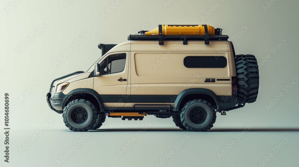 Detailed highly-textured model of a versatile, all-terrain toy van positioned on a plain, neutral-colored surface Detailed highly-textured model of a versatile, all-terrain toy van positioned on a plain, neutral-colored surface