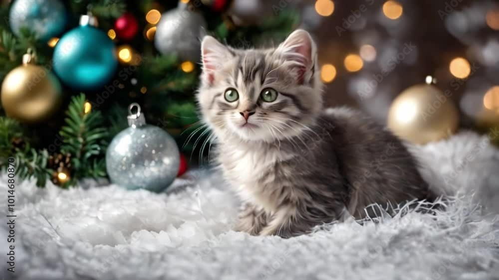 Adorable grey kitten arrangement of festive Christmas decorations Adorable grey kitten arrangement of festive Christmas decorations