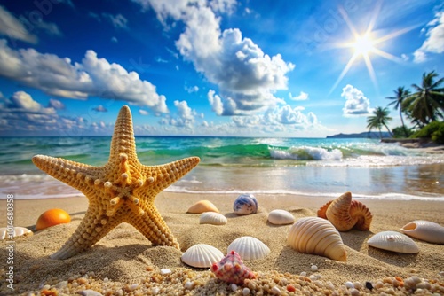 A beach scene with a starfish and a bunch of shells