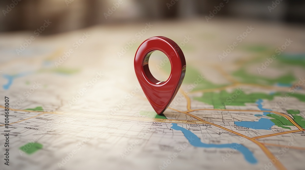 A red location pin on a detailed city map. A red location pin on a detailed city map.