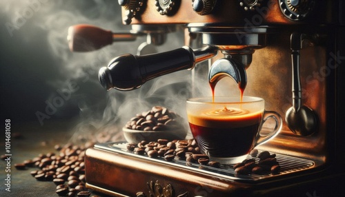 A rich espresso shot being pulled from a vintage espresso machine