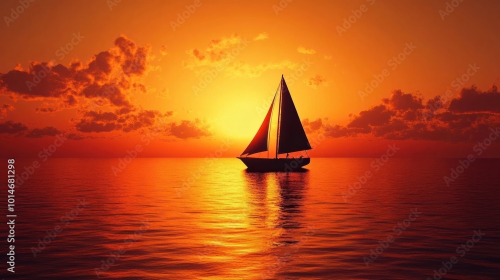 Sailboat silhouetted against a fiery ocean sunset, with calm waters reflecting the orange sky