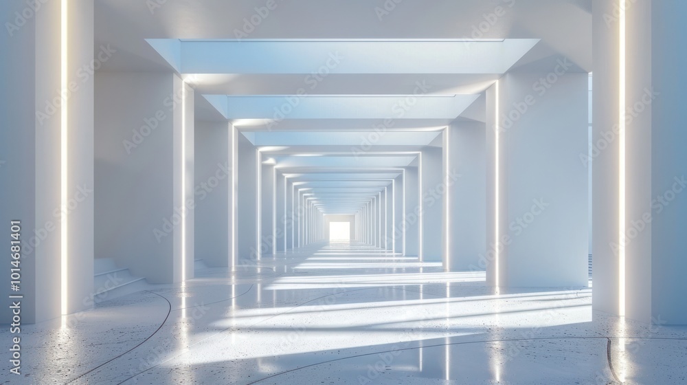 Obraz premium Serene and minimalist architectural hallway with a linear vanishing perspective clean white walls and floors and a luminous ambiance that creates a sense of depth and tranquility