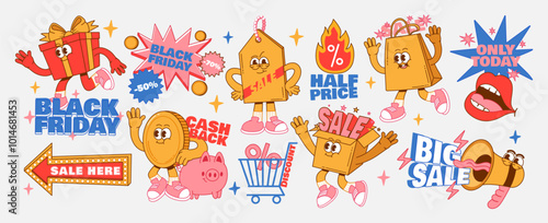 Retro Black Friday stickers. Cartoon shopping characters. Vintage promo mascot coin, label, gift box, shop bag, megaphone. Groovy sale, cash back text vector set