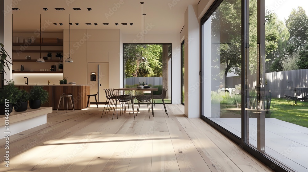 Fototapeta premium A modern dining room with a large window overlooking a lush green garden.