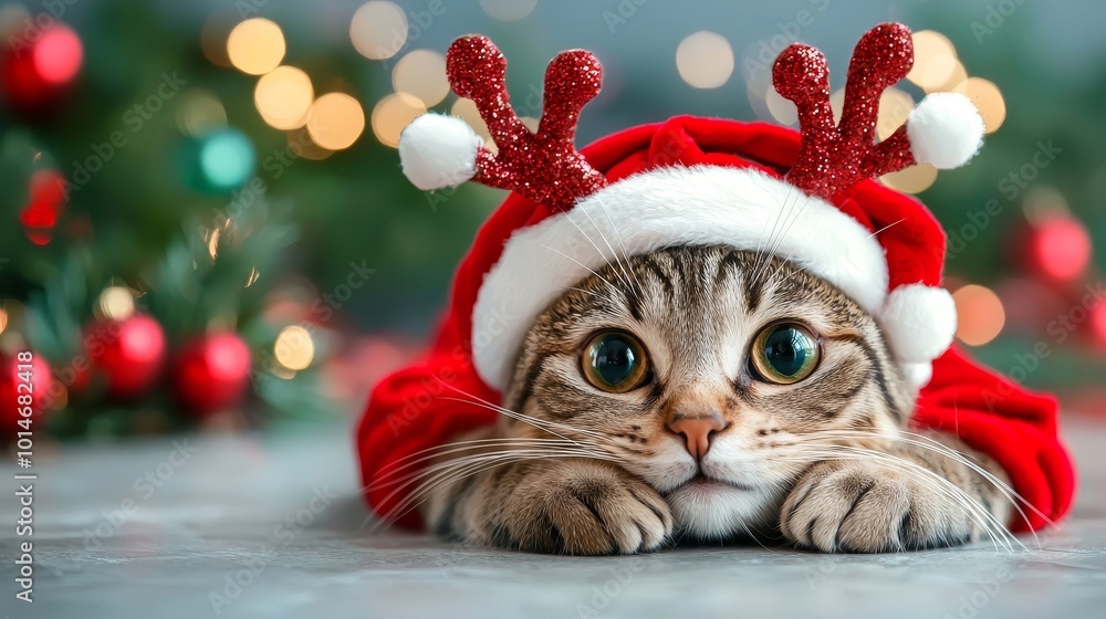 Cat in Reindeer Costume with Festive Decorations Cat in Reindeer Costume with Festive Decorations