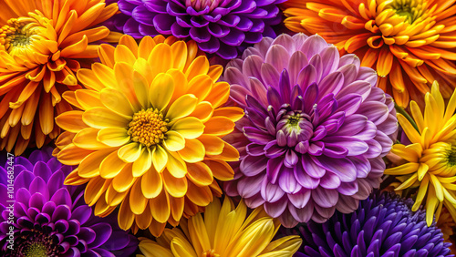 Fototapeta Naklejka Na Ścianę i Meble -  Vibrant yellow, purple, and orange flowers create stunning floral display, showcasing beauty of natures colors and joy they bring