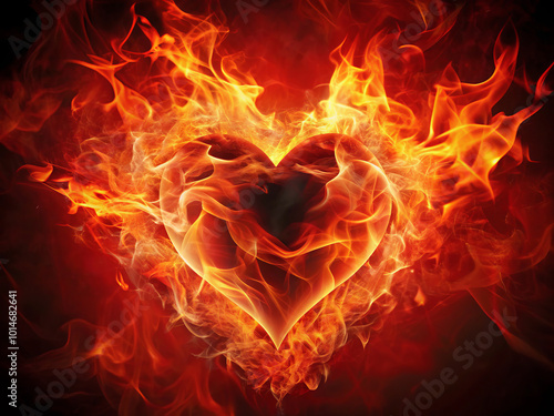Foto vibrant heart engulfed in flames symbolizes passion and intensity, radiating fiery reds and oranges that evoke strong emotions